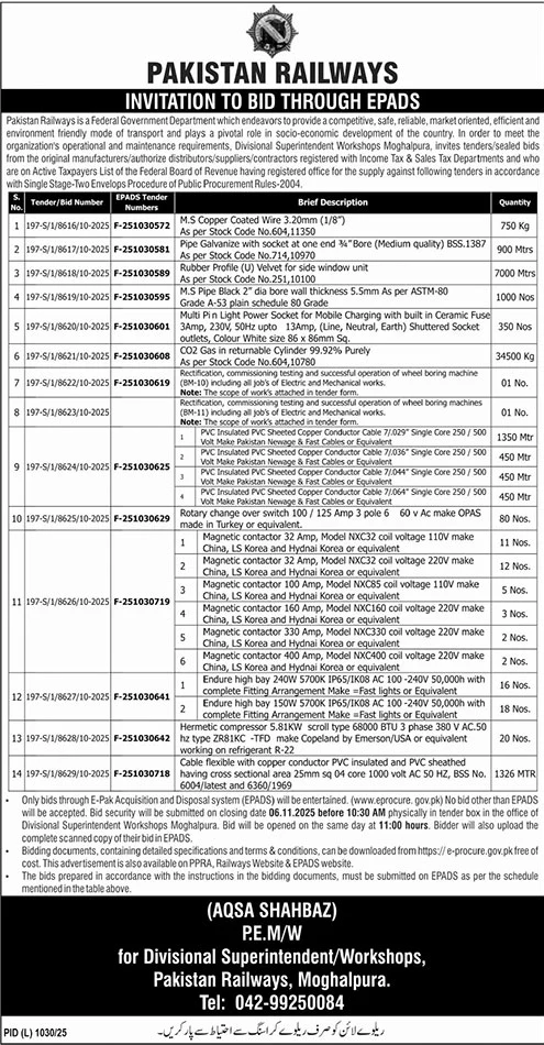 Pakistan Railways Lahore Tender Notice